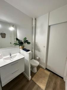 La salle de bains est pourvue de toilettes, d'un lavabo et d'un miroir. dans l'établissement IMEPA Appart 47m2/ Beau 2 pièces, à Rouen