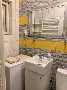 a bathroom with a sink and a toilet and a mirror at Apartment St. Marko in Zagreb