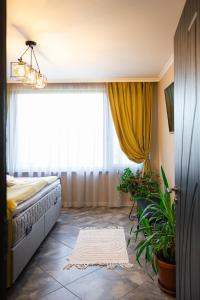 a bedroom with a bed and a large window at Dervent Apartment in Veliko Tŭrnovo
