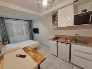 een kleine kamer met een bed en een keuken bij Apt Lyon Flachet in Villeurbanne