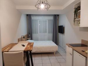 a bedroom with a bed and a table and a kitchen at Apt Lyon Flachet in Villeurbanne