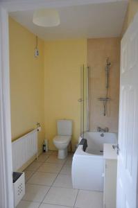 a bathroom with a toilet and a bath tub at Swallows Haven in Moneyreagh