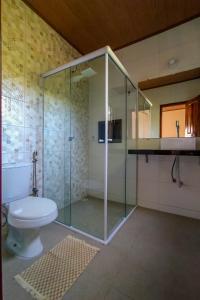 uma casa de banho com um WC e uma cabina de duche em vidro. em POUSADA CAJUEIRO em Santo Amaro
