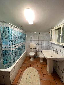 ein Badezimmer mit einem WC, einer Badewanne und einem Waschbecken in der Unterkunft villa Angelina house in Ripa Teatina