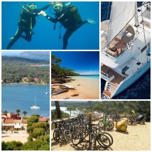 a collage of photos of a diver on a boat with bikes at Appartement climatisé 50m2 centre du village in Porquerolles