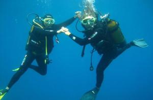 two people in scuba gear holding hands while underwater at Appartement climatisé 50m2 centre du village in Porquerolles