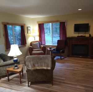 sala de estar con sofá, sillas y TV en Hall Creek Cabin, en Packwood