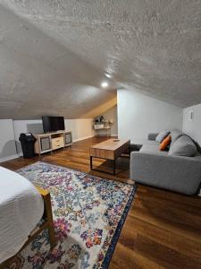 - un salon avec un canapé et un tapis dans l'établissement Clinton Studio, à Lafayette