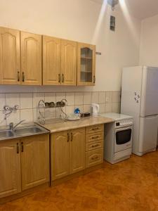 a kitchen with wooden cabinets and a white refrigerator at Central Apartament Dworskiego in Przemyśl