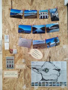 een prikbord met foto's van een hond erop bij Casa Hurtere in Horta