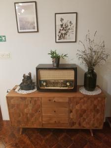 an old radio sitting on top of a wooden cabinet at Apartments Villa Sonia & Teo Hvar in Hvar