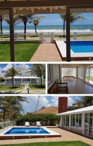 eine Collage mit Bildern eines Hauses und eines Schwimmbads in der Unterkunft Pé na areia, casa beira-mar, Guarajuba in Guarajuba