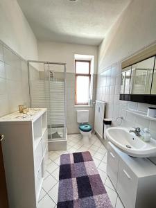 a bathroom with a sink and a shower and a toilet at Wunderschönes Appartement Nahe der Berge in Bruckmühl