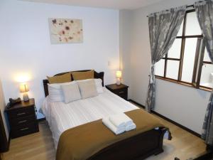 a bedroom with a large bed with two windows at HOTEL en el CENTRO HISTORICO in Cuenca