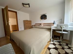 a bedroom with a bed and a desk and a desk at Căsuța de la Cheia in Cheia