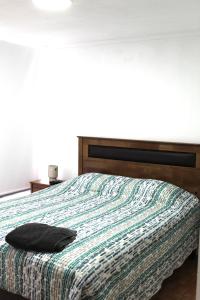 a bedroom with a bed with a blanket on it at Grandioso departamento a cuadras de Parque O'higgins in Santiago