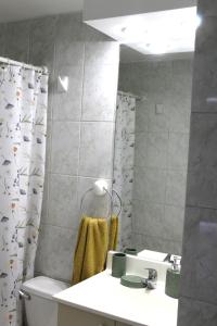 a bathroom with a sink and a toilet and a mirror at Grandioso departamento a cuadras de Parque O'higgins in Santiago