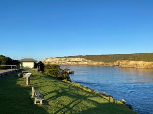 una panchina seduta sull'erba accanto a un corpo d'acqua di Southern Ocean Motor Inn a Port Campbell