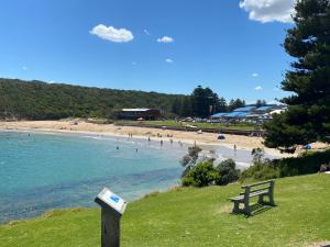 a bench sitting on a hill next to a beach at Southern Ocean Motor Inn in Port Campbell