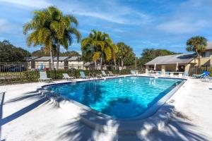 a large swimming pool with chairs and palm trees at Stylish Clearwater place. 3 Pools. Mins to Beaches in Clearwater