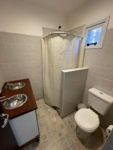 uma casa de banho com um WC, um lavatório e um chuveiro em La Colmena Aparts em El Calafate