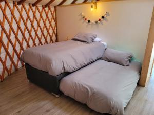 1 dormitorio con 2 camas y espejo en la pared en Cabaña espectacular, con vista al río y hot tub privado en Linares