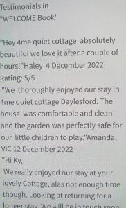 a screenshot of a text message from the welcome book at A Daylesford 2br ABELIA Cottage walk 2 town sleep 5 in Daylesford