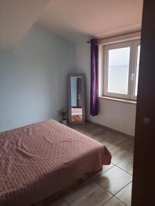 um quarto com uma cama, uma janela e um espelho em Apartments Visnja - 10 meters to the sandy beach em Nin