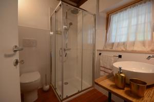 a bathroom with a shower and a toilet and a sink at Le camere dell'Albero Bianco con uso cucina in Manzano