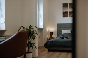 um quarto com uma cama com um gato deitado sobre ela em Stilvolles Appartement mit Blick auf das Dreiflüsse-Eck em Passau