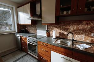 a kitchen with wooden cabinets and a sink at Stilvolles Appartement mit Blick auf das Dreiflüsse-Eck in Passau