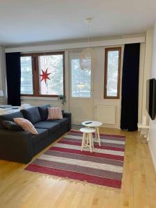 una sala de estar con un sofá y una mesa en Hilma's apartment, en Rovaniemi