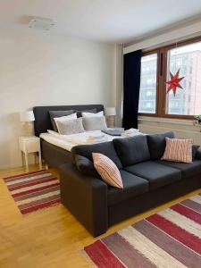 una sala de estar con un sofá y una cama en Hilma's apartment, en Rovaniemi