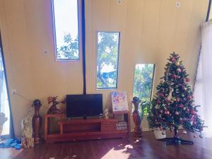 een woonkamer met een kerstboom en een tv bij Mộc Hoa Viên in Ấp Thiện Lập