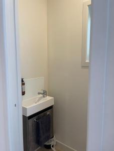 Baño blanco con lavabo y espejo en The Runaway en Dargaville