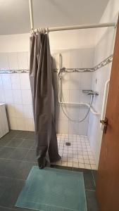 bagno con tenda per la doccia e tappeto di Beautiful Apartment in Ibbenbüren a Ibbenbüren