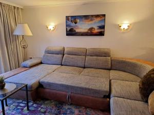 ein Wohnzimmer mit einem Sofa und einem Tisch in der Unterkunft Villa SKYLO in Winterberg