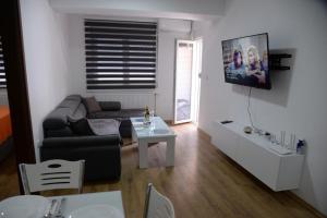 ein Wohnzimmer mit einem Sofa und einem Tisch in der Unterkunft Apartment Chloee in Gevgelija