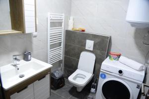 ein Badezimmer mit einem WC, einem Waschbecken und einer Waschmaschine in der Unterkunft Apartment Chloee in Gevgelija