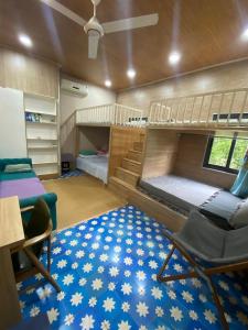 Lọ Lem Homestay في فينه لونج: غرفة نوم مع أسرة بطابقين وسجادة زرقاء