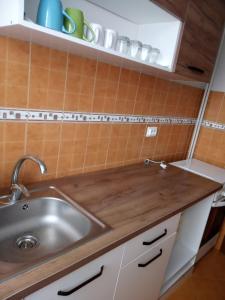 a kitchen with a sink and some cups on a shelf at Apartament Ultracentral in Piatra Neamţ