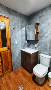 uma casa de banho com um WC, um lavatório e um espelho. em Guest House in Sucre em Sucre