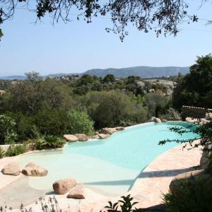 a large blue swimming pool with rocks and trees at Chambre cosy Aphrodite avec accès a la piscine et au jacuzzi in Porto-Vecchio
