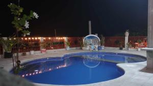 a swimming pool in a yard at night at Mommy Linda Beach Resort in Cabangan