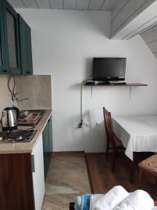 uma cozinha com um fogão e uma mesa com uma cama em Studios Šumska Kuća 2 & 3 em Kopaonik