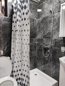 uma casa de banho com uma cortina de chuveiro e um WC em Studios Šumska Kuća 2 & 3 em Kopaonik
