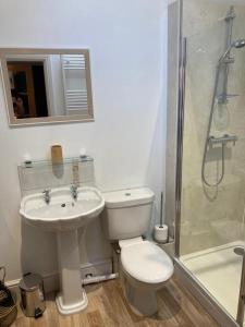 a bathroom with a toilet and a sink and a shower at The Stables in Metheringham