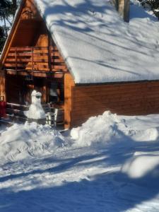 a snow covered cabin with a pile of snow around it at DOMKI RODIS in Baligród