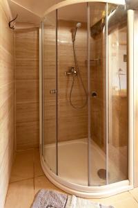 a shower with a glass enclosure in a bathroom at Miniresort AMULET in Hrubá Skála