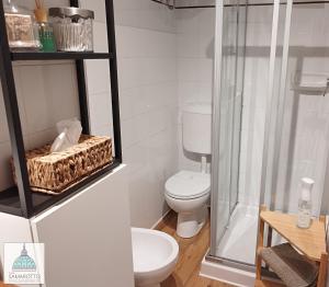 ein Bad mit einem WC und einer Glasdusche in der Unterkunft Casa Samarotto in Reggio nell'Emilia